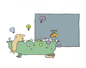 KIZ Cartoon in flyer of a creative workshop getting ideas in the bath tub