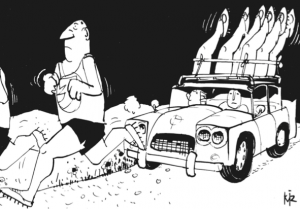 KIZ Cartoon in sport section dail Algemeen Handelsblad depicting runners support