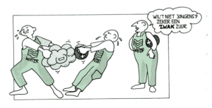 KIZ Cartoon in chemistry textbook pre-university education publisher Wolters Noordhoff - depicting a weak acid